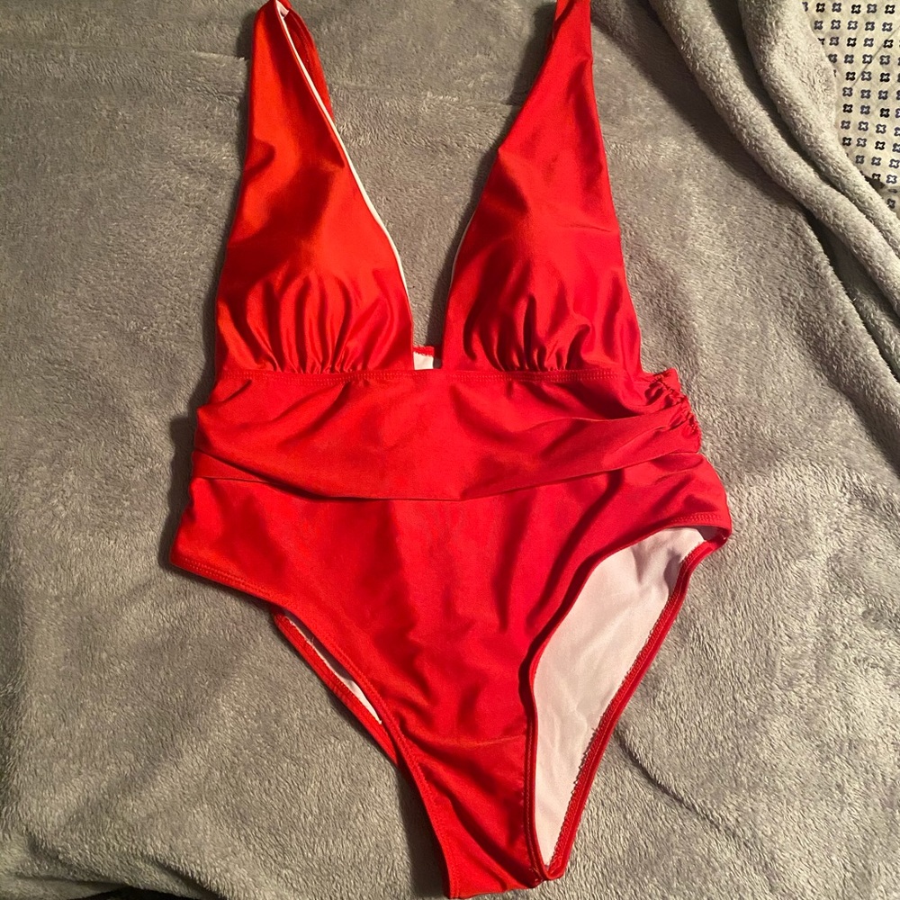 One piece Red plunge bathing suit